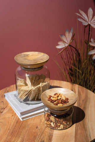 SET OF TWO GLASS CANISTERS WITH WOODEN BOWL LIDS