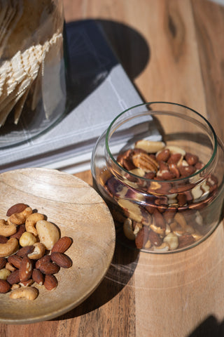 SET OF TWO GLASS CANISTERS WITH WOODEN BOWL LIDS