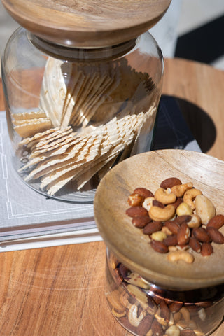 SET OF TWO GLASS CANISTERS WITH WOODEN BOWL LIDS