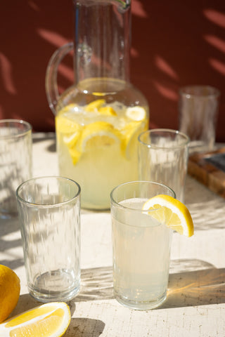 SET OF SIX CLEAR WATER GLASSES WITH ETCHING