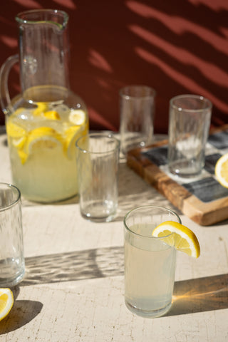 SET OF SIX CLEAR WATER GLASSES WITH ETCHING