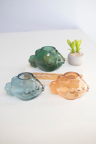 SET OF THREE GLASS FISH TEA LIGHT HOLDERS - ONE EACH COLOR