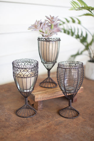 SET OF THREE WIRE AND GLASS CANDLE COMPOTES