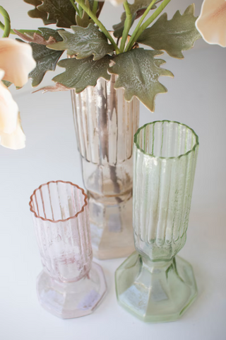 SET OF THREE FLUTED GLASS VASES - ONE EACH COLOR