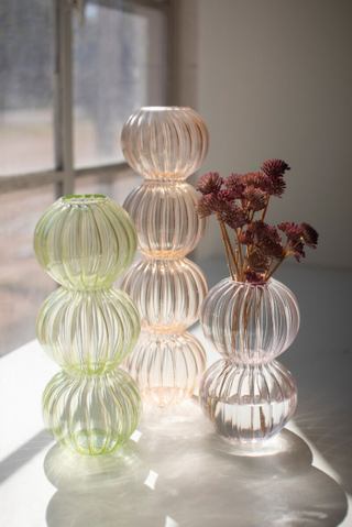 SET OF THREE FLUTED GLASS STACKING BALL VASES - ONE EACH COLOR