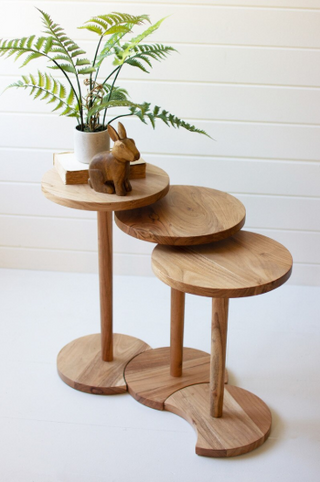 SET OF THREE ACACIA WOOD ROUND SIDE TABLES