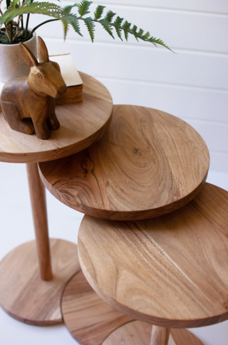 SET OF THREE ACACIA WOOD ROUND SIDE TABLES