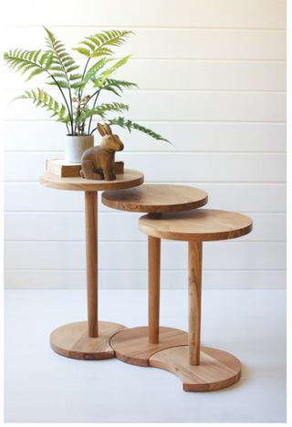 SET OF THREE ACACIA WOOD ROUND SIDE TABLES