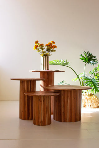 SET OF FOUR ACACIA WOOD ACCENT TABLES WITH TAMBOUR BASES