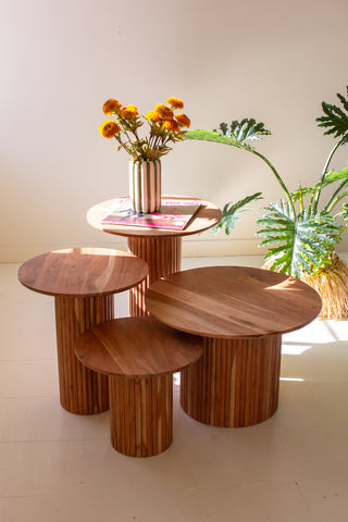 SET OF FOUR ACACIA WOOD ACCENT TABLES WITH TAMBOUR BASES