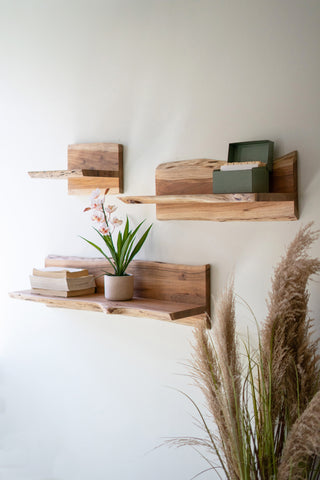 SET OF THREE ACACIA WOOD FLOATING WALL SHELVES