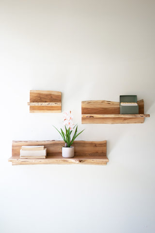 SET OF THREE ACACIA WOOD FLOATING WALL SHELVES