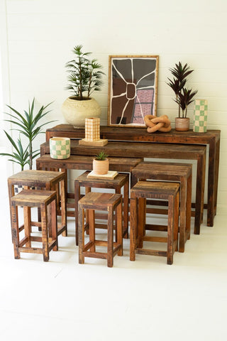 SET OF NINE RECYCLED WOOD DISPLAY TABLES