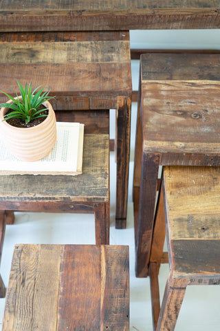 SET OF NINE RECYCLED WOOD DISPLAY TABLES