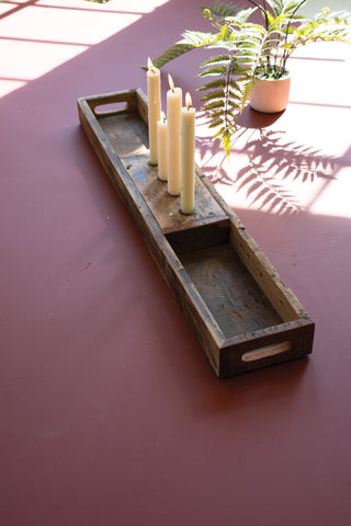 RECYCLED WOODEN TRAY WITH FOUR CANDLE HOLDERS