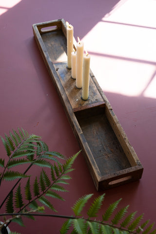 RECYCLED WOODEN TRAY WITH FOUR CANDLE HOLDERS