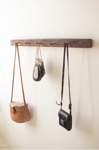 RECYCLED WOOD COATRACK WITH FORGED IRON HOOKS