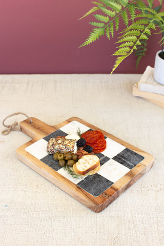 BLACK AND WHTE MARBLE WITH ACACIA WOOD CHEESE BOARD