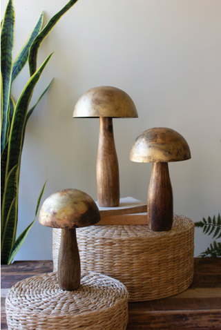 SET OF THREE ANTIQUE BRASS MUSHROOMS WITH WOODEN BASES