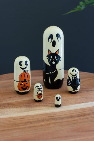 SET OF FIVE NESTING WOODEN HALLOWEEN DOLLS