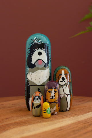 SET OF FIVE NESTING WOODEN DOG DOLLS