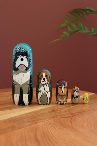 SET OF FIVE NESTING WOODEN DOG DOLLS