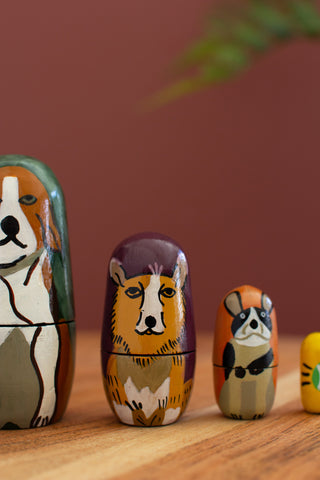 SET OF FIVE NESTING WOODEN DOG DOLLS