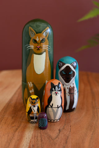 SET OF FIVE NESTING WOODEN CAT DOLLS