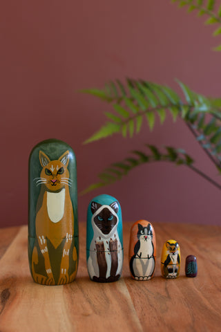 SET OF FIVE NESTING WOODEN CAT DOLLS