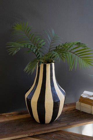 BLACK AND WHITE PAPER MACHE VASE - VERTICAL STRIPES