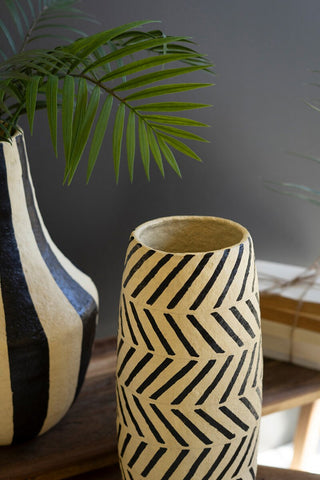 BLACK AND WHITE PAPER MACHE VASE - ABSTRACT DASHES