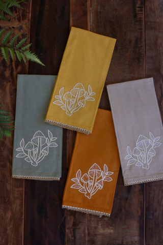 SET OF FOUR TEA TOWELS - MUSHROOMS - ONE EACH COLOR