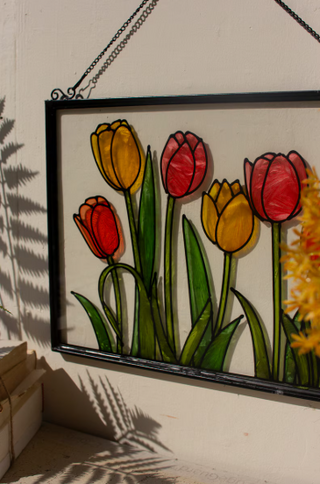 FRAMED STAINED GLASS FLOWERS WALL HANGING