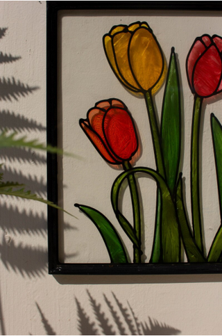 FRAMED STAINED GLASS FLOWERS WALL HANGING