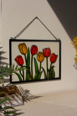 FRAMED STAINED GLASS FLOWERS WALL HANGING