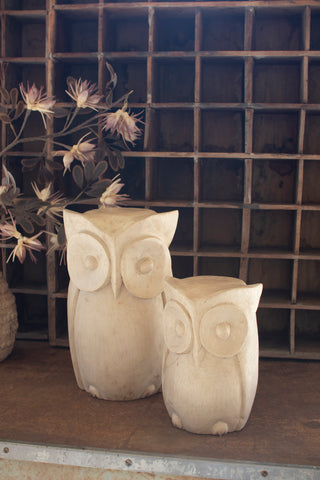 SET OF TWO CARVED WOODEN OWL STATUES