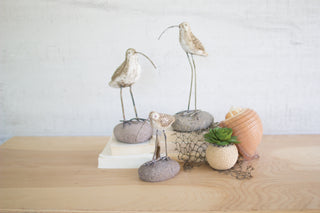 SET OF THREE PAINTED CLAY SHORE BIRDS ON ROCK BASES