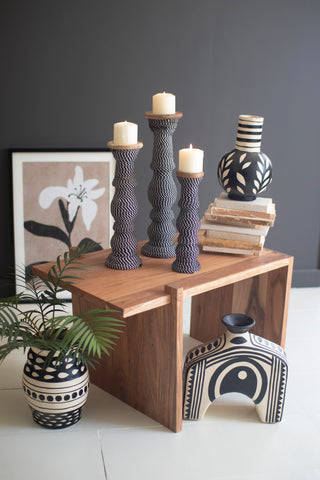 SET 3 WOODEN CANDLE HOLDERS WITH BLACK & WHITE STRING