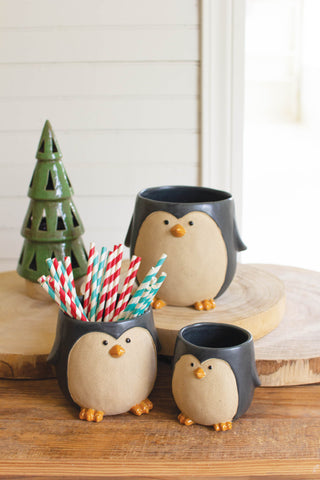 SET OF THREE CERAMIC PENGUIN PLANTERS