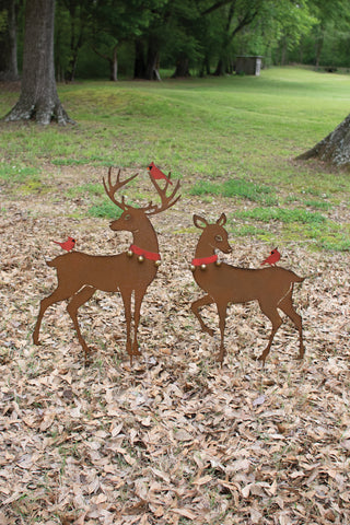 SET OF TWO RUSTIC REINDEER YARD ART WITH RED BIRDS