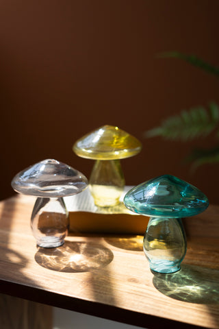 SET OF THREE GLASS MUSHROOMS - ONE EACH COLOR