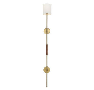 1-Light Plug-In Wall Sconce in Natural Brass with Leather Accent