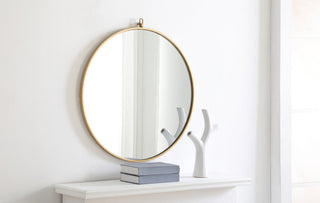 Metal frame Round Mirror with decorative hook 28 inch Brass finish