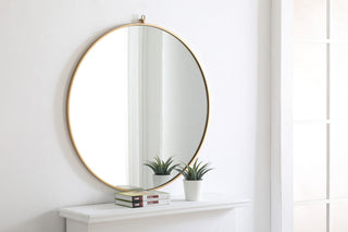 Metal frame Round Mirror with decorative hook 36 inch Brass finish