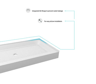 48x36 inch Single threshold shower tray center drain in glossy white