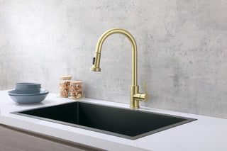 Sem Single Handle Pull Down Sprayer Kitchen Faucet in Brushed Gold