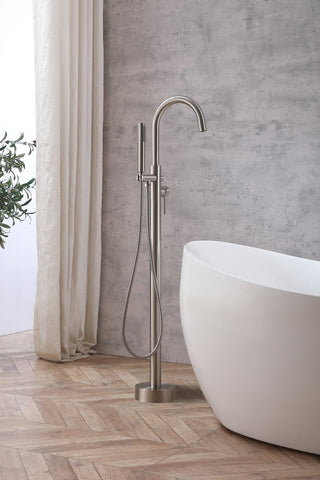 Steven Floor Mounted Roman Tub Faucet with Handshower in Brushed Nickel