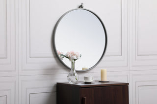 Metal frame round mirror with decorative hook 21 inch in Grey