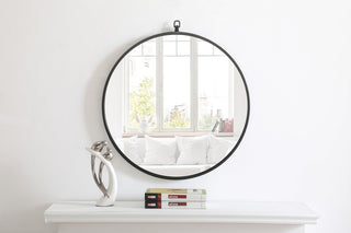 Metal frame Round Mirror with decorative hook 24 inch Black finish