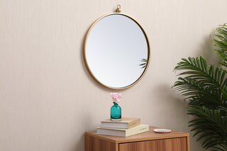 Metal frame round mirror with decorative hook 18 inch in Brass